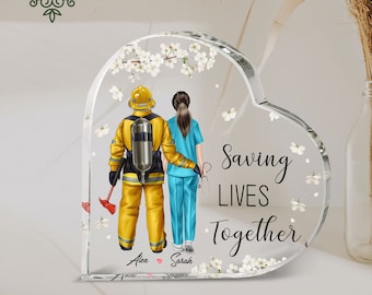 Personalized firefighter and nurse couple heart acrylic plaque, couple portrait nurse and firefighter, firefighter husband Christmas gift