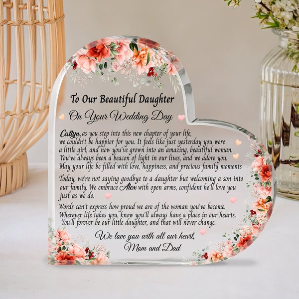 Personalized To My Daughter On Her Wedding Day Heart Acrylic Plaque, Custom Bride Gift From Parents, Gift For Daughter Wedding Day