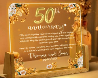 Personalized 50th Wedding Anniversary Night Light, 50 Gold Wedding LED Lamp Gift For Parents, Golden 50 Anniversary Gift, Husband Gift