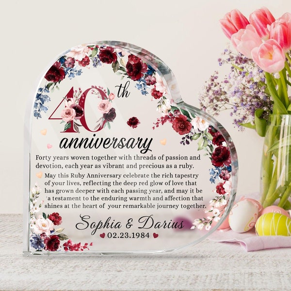 Personalized 40th Wedding Anniversary Gift Heart Acrylic Plaque, 40th Ruby Wedding Gifts For Parents, Ruby Anniversary Gift, Husband Gift