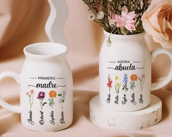 Personalized Spanish Primero Madre Ahora Abuela Flowers Vase, Birth Month Flowers Gift For Abuelita, Madre Gifts, Mothers Day Gift