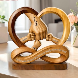 Gepersonaliseerde vader houdt kinderhanden vast acrylblok, bord papa en kinderen, vaderdagcadeau voor papa, familiedecor, verjaardagscadeau vader