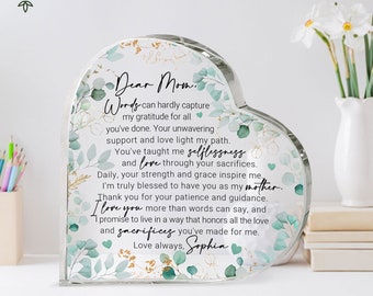 Personalized text and flowers mom gift heart acrylic plaque, custom mother's day gifts from daughter, gift for mom, birthday gifts