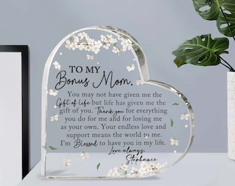 Personalized Stepmother Gift From Daughter, To My Bonus Mom Heart Acrylic Plaque, Mothers Day Gift, Gift For Step Mom, Gifts For Stepmom