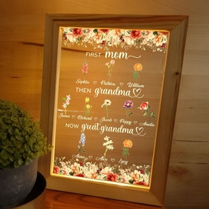 Personalized First Mom Then Grandma Now Great Grandma Frame Lamp, Birth Month Flowers Gift For Great Grandma, Mothers Day Gift, Gigi Gift