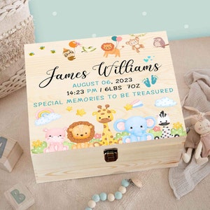 Caja de recuerdos personalizada para bebé, caja de madera para recién nacido, caja de madera con adorables animales para niña y niño, regalo de Navidad.