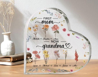 Personalized First Mom, Now Grandma Heart Acrylic Plaque, Birth Month Flowers Gifts For Mom, Gifts For Grandma, Christmas Gifts, Nana Gifts