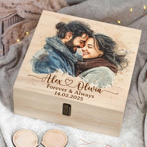 May include: A wooden keepsake box with a personalized design featuring a couple's photo, names "Alex & Olivia", and the text "Forever & Always 14.02.2025".