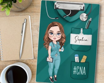 May include: A teal clipboard with a cartoon illustration of a female nurse wearing a blue scrub top and holding a bottle of water. The clipboard has a name tag that says "Sophia" and a pocket with the text "#CNA".