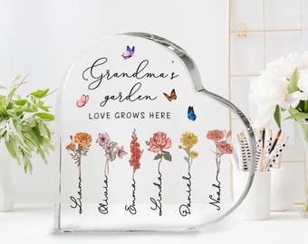 Personalized Grandma's Garden Heart Acrylic Plaque, Mothers Day Gift For Grandma, Personalized Gift For Grandma, Birth Month Flower