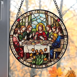 Last Supper Faux Stained Glass Window Hanging, Glass Suncatcher Gift Of Faith, Christian Ornament Gift, Bible Religious Suncatcher Xmas