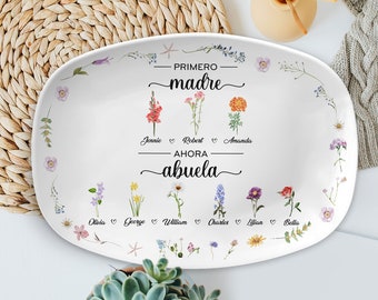 Personalized Primero Madre Ahora Abuela With Children and Grandkids Name Platter, Birth Month Flowers Abuelita Plate,  Mothers Day Gift