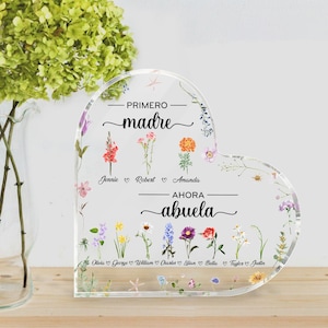 Personalized Spanish Abuela Gift For Grandma Heart Acrylic Plaque, Custom Birth Month Flowers, Primero Madre, Ahora Abuela, Abuelita Gifts image 1