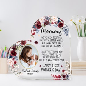 Plaque acrylique personnalisée photo coeur joyeux première fête des mères, premier cadeau de fête des mères d'un bébé, cadeau personnalisé pour la fête des mères, cadeau de nouvelle maman