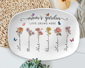 Personalized Birth Month Flowers Grandma's Garden Platter, Mom's Garden Platter, Grandma, Mom Floral Plate, Grandma Gift, Mom Gift