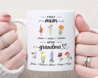 Personalized First Mom, Now Grandma Ceramic Mug, Birth Month Flowers Gifts For Mom, Gifts For Grandma, Christmas Gifts, Nana Gifts, mom gift