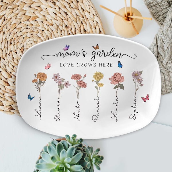 Personalized Birth Month Flowers Grandma's Garden Platter, Mom's Garden Platter, Grandma, Mom Floral Plate, Grandma Gift, Mom Gift