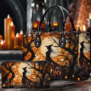 Bolso de mano personalizado con asa de bruja de Salem, cartera, bolsos espeluznantes de Halloween, bolsos de Halloween para pedir dulces, estilo gótico brujeril