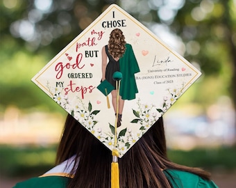Personalized Graduation Cap Topper, Black Queen Grad Cap Topper, Class Of 2024, I Chose My Path But God Ordered My Steps, Graduation Decor