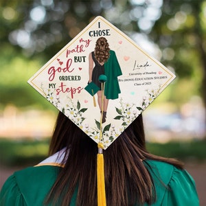 Personalized Graduation Cap Topper, Black Queen Grad Cap Topper, Class Of 2024, I Chose My Path But God Ordered My Steps, Graduation Decor