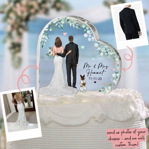 Personalized Heart Acrylic Plaque Wedding Cake Topper, Bride And Groom With Dogs, Cats, Custom Dress, Flowers, Wedding Gift, Wedding Decor
