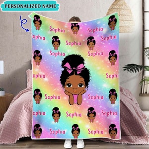 Personalized Afro Girl Flannel Blanket, Custom Blanket Baby With Name, Black Baby Blanket, Birthday Gifts For Kid, African American Kid Gift