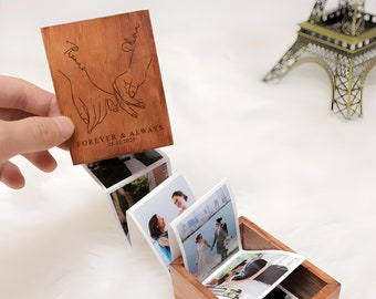 Custom Photo Couples Wooden Photo Box, Pull Out Photo Album, Gifts For Wedding, Anniversary Gift For Him & Her, Valentines Memory Collection