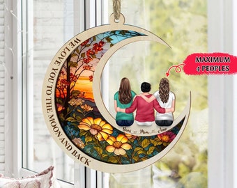 Mamá e hija personalizadas, retrato de hijo Suncatcher, regalo del día de la madre para mamá, niños sentados en el adorno colgante de la ventana de la luna