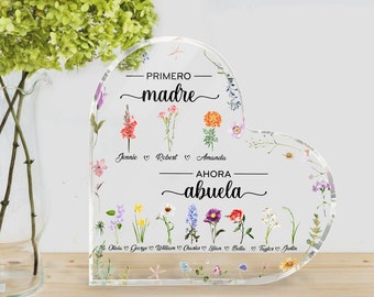 Personalized Spanish Abuela Gift For Grandma Heart Acrylic Plaque, Custom Birth Month Flowers, Primero Madre, Ahora Abuela, Abuelita Gifts