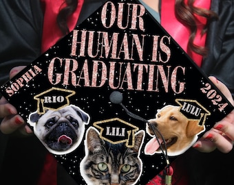 May include: Black graduation cap with gold glitter and the text "Our Human Is Graduating" in pink glitter. The cap has three pet portraits with graduation caps: a pug named Rio, a cat named Lilli, and a golden retriever named Lulu. The year 2024 is on the right side of the cap. The name Sophia is on the left side of the cap.