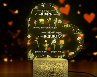 Personalized First Mom, Now Grandma Heart 3D Led Night Light, Birth Month Flowers Gifts For Mom, Birthday Gifts For Grandma, Nana Lamp Gift