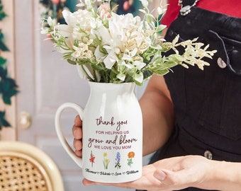 Personalized Mom Flowers Vase, Birth Month Flowers Gift For Mom, Thank You For Helping Us Grow And Bloom, Mother's Day Gifts, Birthday Gifts