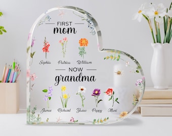 Personalized First Mom, Now Grandma Heart Acrylic Plaque, Birth Month Flowers Gift For Grandma, Christmas Gift, Nana Gifts, Mothers Day Gift