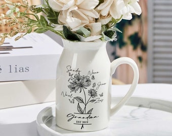 Personalisierte Geburtsmonat Blumen Oma mit Kindernamen Blumenvase, Muttertagsgeschenke für Oma, individuelle Geschenke für Mama, Gigi Geschenke