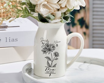 Vase de fleurs personnalisé pour maman avec noms d'enfants le mois de naissance, cadeaux de fête des mères, cadeaux personnalisés pour maman, cadeaux pour maman vase de fleurs