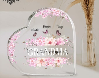 Personalized Grandkids Name Grandma Heart Acrylic Plaque, Grandma Gifts, Mothers Day Gift For Grandma, Grandma Christmas Gift, Floral Plaque