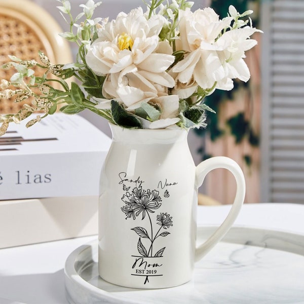 Personalisierte Geburtsmonat Blumen Mama mit Kindernamen Blumenvase, Muttertagsgeschenke, individuelle Geschenke für Mama, Mama Geschenke Blumenvase