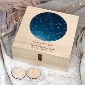 Scatola dei ricordi personalizzata con mappa stellare per coppie, scatola dei ricordi personalizzata con mappa stellare e data, regali di San Valentino, regali di nozze, regali di anniversario