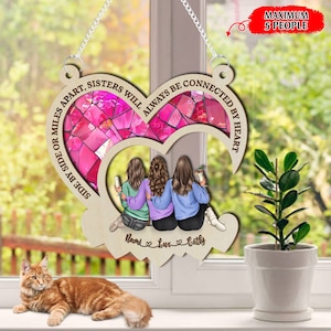 Personalized Sisters Suncatcher, Girls Sitting On The Moon Window Hanging Ornament, Best Friend Suncatcher, Besties Christmas Ornament Gift