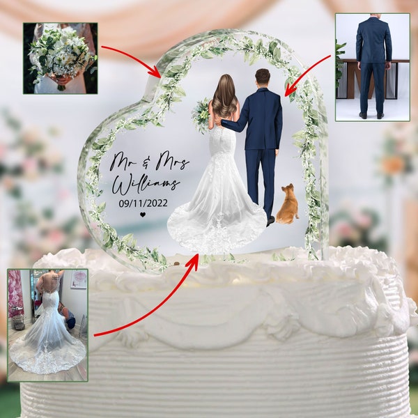 Décoration de gâteau de mariage personnalisée, Les mariés avec des chiens, chats, robe dessinée sur mesure, costume, fleurs, cadeau de mariage, plaque acrylique coeur