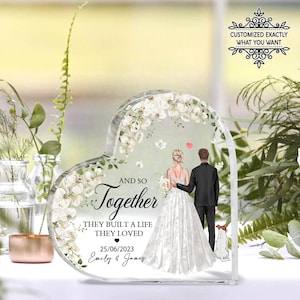 Impresión personalizada de novios con placa acrílica de corazón para mascotas, regalo de aniversario de boda, recuerdo de boda, regalo de boda personalizado