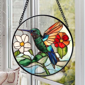 Hummingbird Faux Stained Glass Suncatcher, Bird Flower Glass Window Hanging, Anniversary Gift Birthday Gift, Christmas Gift, Gift For Mom