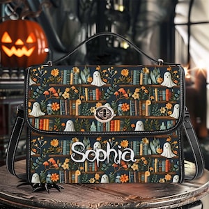 Cartable et portefeuille en cuir bohème personnalisé fantômes livresques, fausse broderie 3D imprimée fantôme sur l'étagère, cadeau d'Halloween pour les amateurs de lecture
