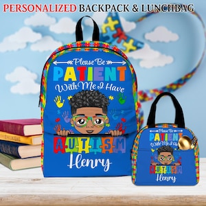 Sac à dos personnalisé pour enfants autistes, veuillez être patient, cartable pour filles/garçons autistes, sac à lunch, enfants autistes, fils fille autiste