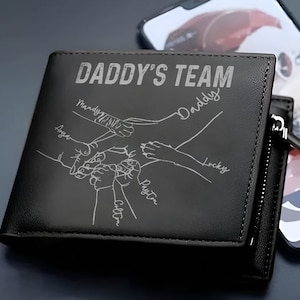Personalisierte Fist Bump Dad Kinder Haustier Lederbrieftasche, benutzerdefinierte Familienname männliche Lederbrieftasche, Vatertagsgeschenk für Papa, Brieftasche für Männer