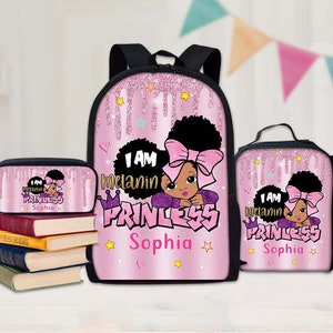 Sac à dos personnalisé pour la rentrée des classes pour enfants afro-américains, sac à lunch petite fille noire, trousse à crayons, cadeaux de rentrée des classes pour enfant noir