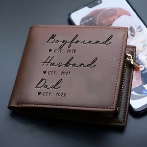 Cartera de cuero grabada personalizada para novio, marido y papá, regalos del día del padre, regalo para papá nuevo, papá primerizo, regalo personalizado para papá