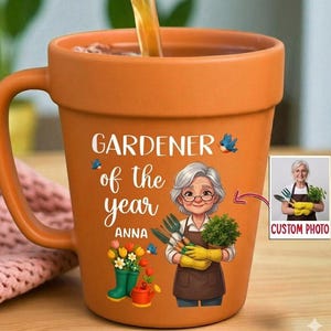 Gepersonaliseerde foto tuinman van het jaar keramische mok plantenpot, cadeau van kleindochter, cadeau plantenliefhebber, cadeau tuinman, cadeau voor moeder/oma