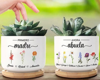 Personalized Spanish Primero Madre Ahora Abuela Ceramic Plant Pot, Birth Month Flowers Gift For Abuelita, Madre Gifts, Mothers Day Gift