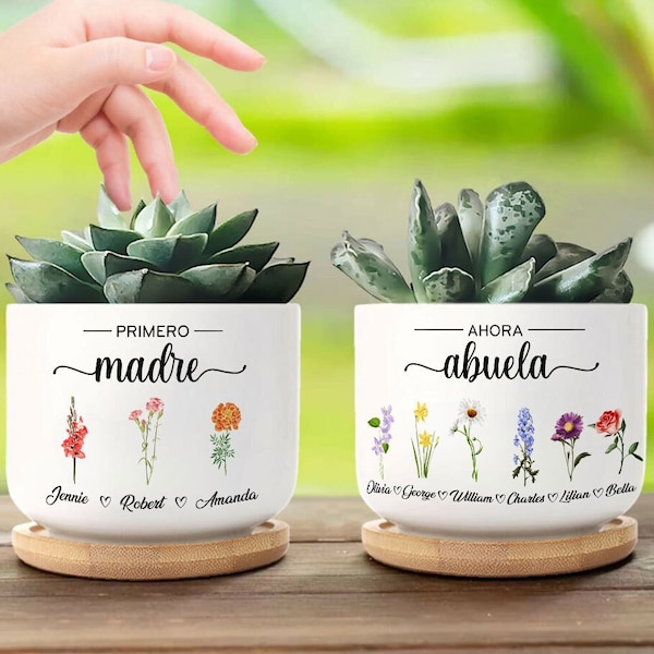 Pot de plante personnalisé en céramique espagnole Primero Madre Ahora Abuela, cadeau de fleurs le mois de naissance pour Abuelita, cadeaux Madre, cadeau de fête des mères